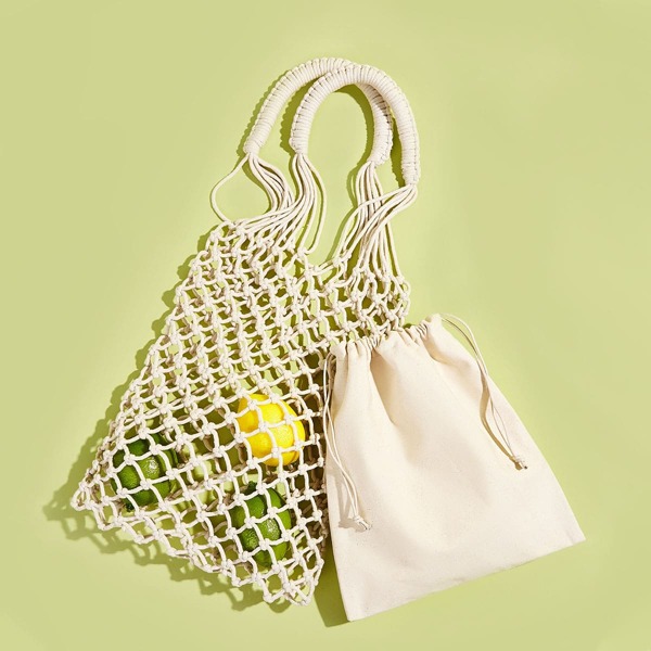 

Fishnet Tote Bag With Inner Drawstring Bag, Beige