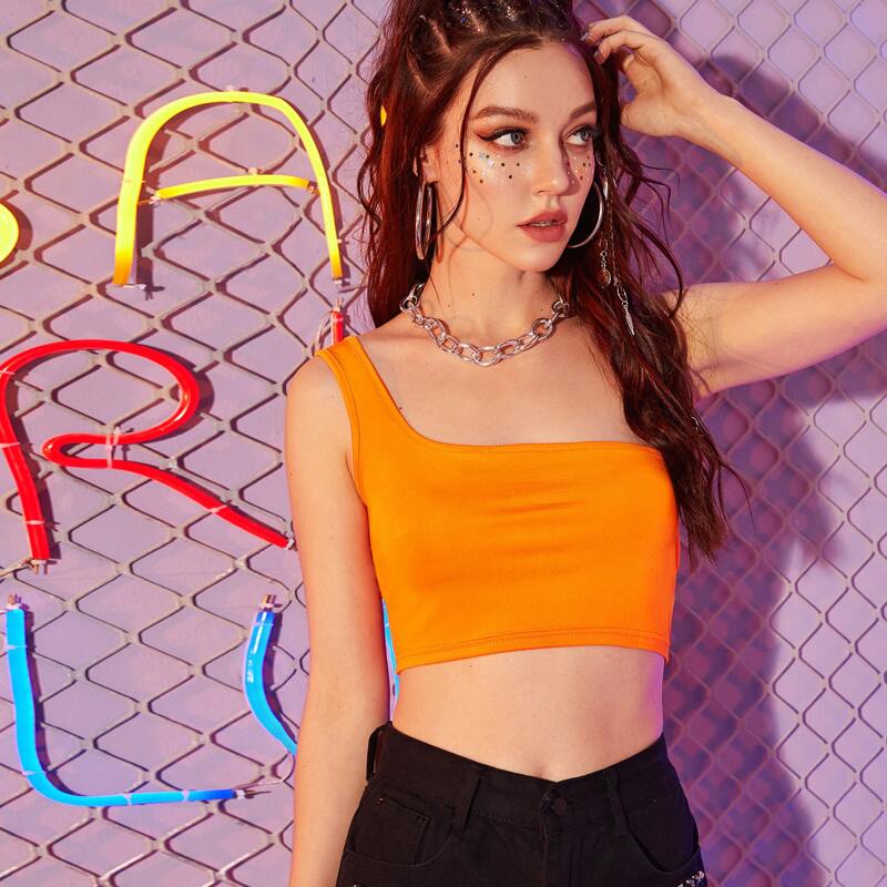 

Neon Orange One Shoulder Solid Crop Top, Orange bright