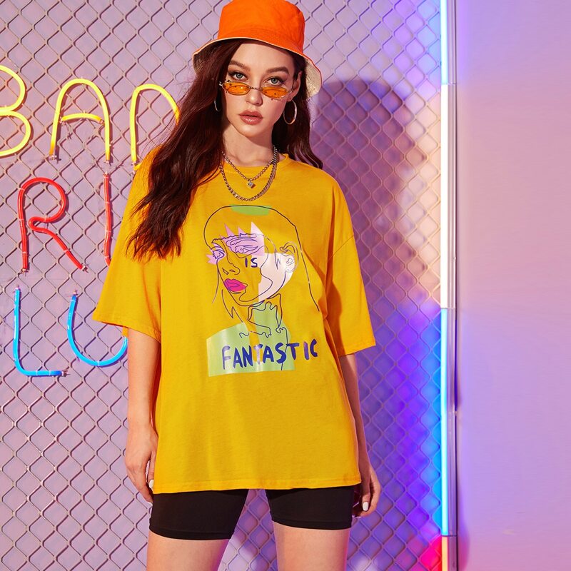

Figure Letter Graphic Oversized Tee, Yellow bright