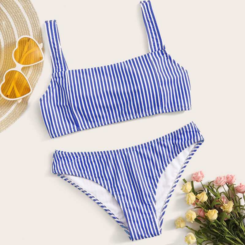 

Striped Square Neck Bikini Swimsuit, Blue