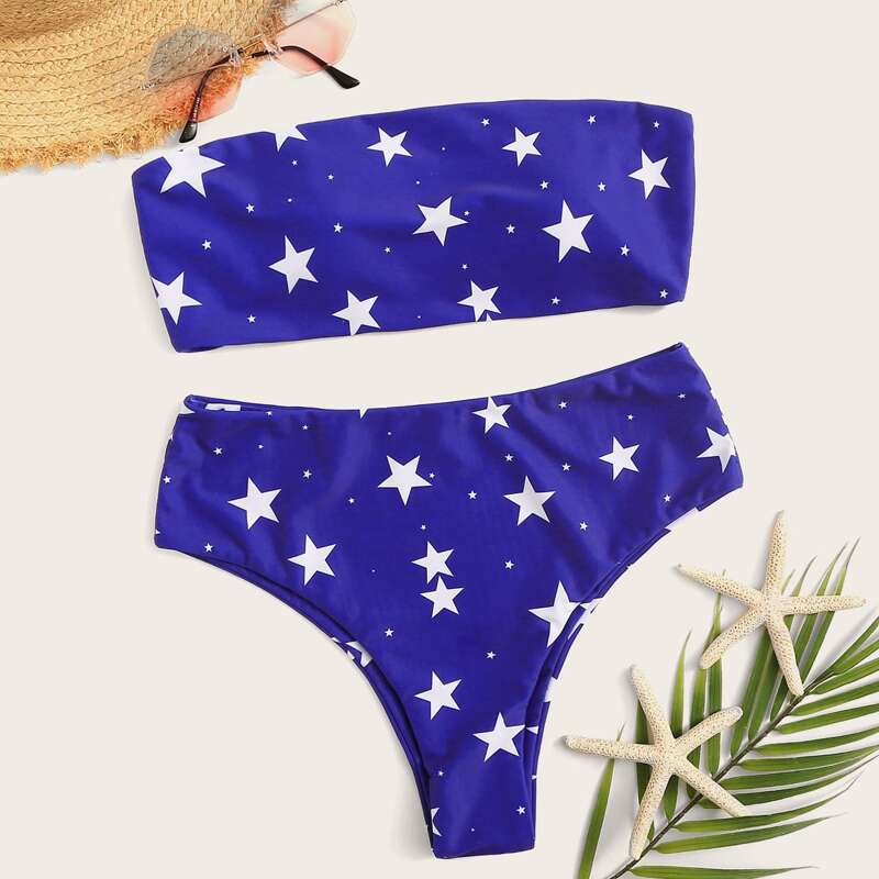 

Star Print Bandeau Bikini Swimsuit, Blue