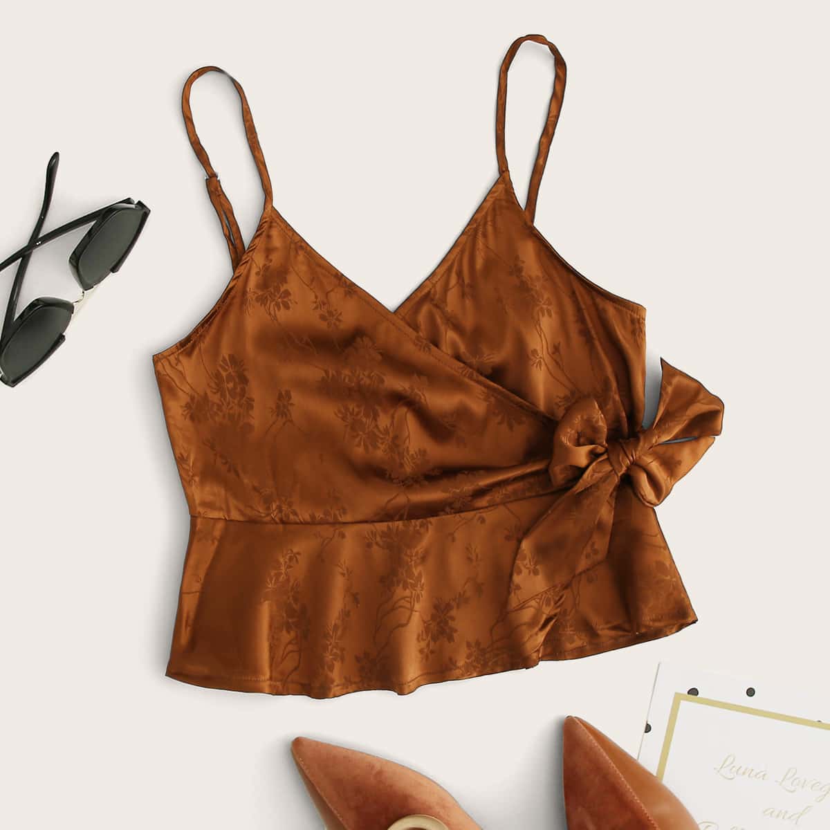 

Floral Tie Side Wrap Crop Cami, Brown