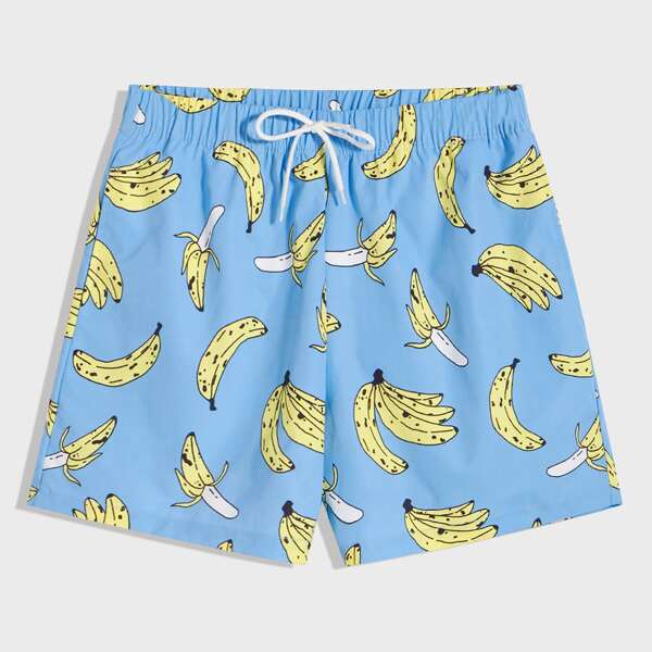 

Men Drawstring Waist Banana Print Shorts, Blue