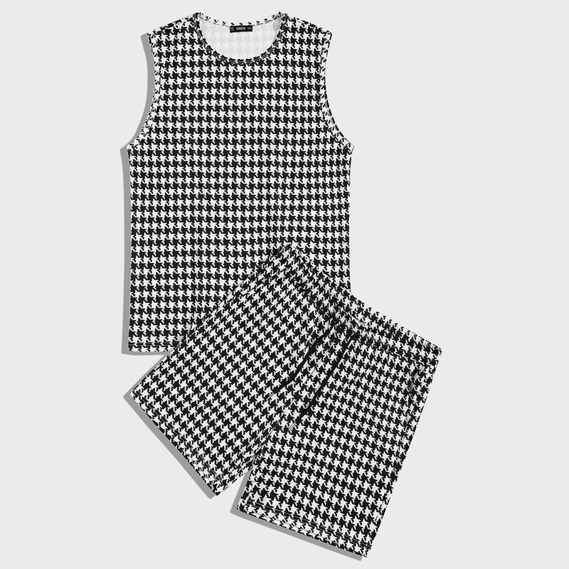 

Guys Houndstooth Print Tank Top & Shorts Set, Black and white