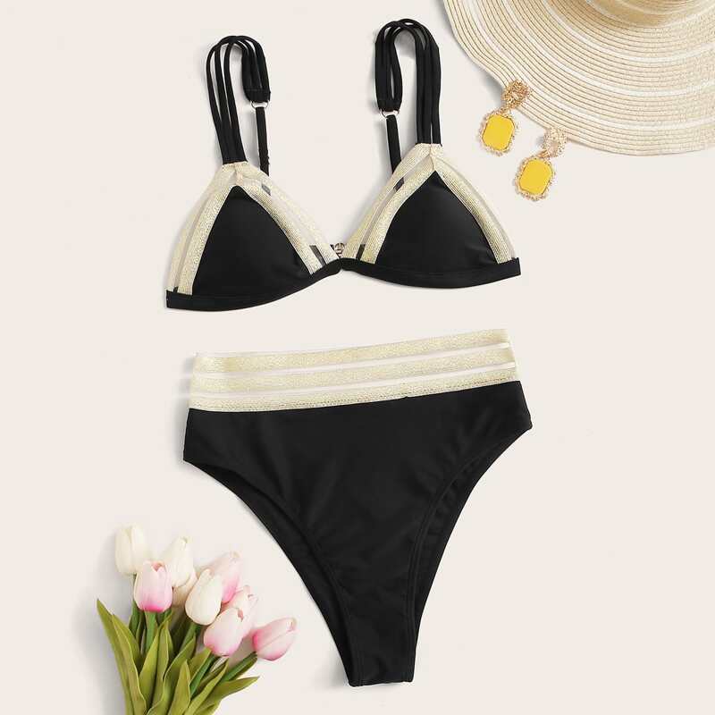 

Contrast Mesh Triangle High Waist Bikini Swimsuit, Black