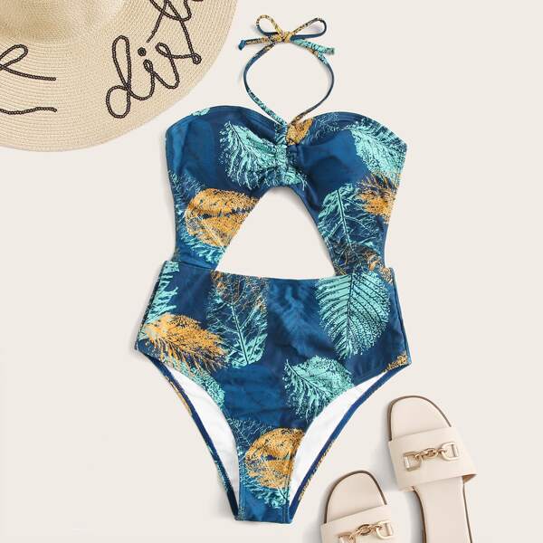 

Leaf Print Halter One Piece Swimsuit, Blue