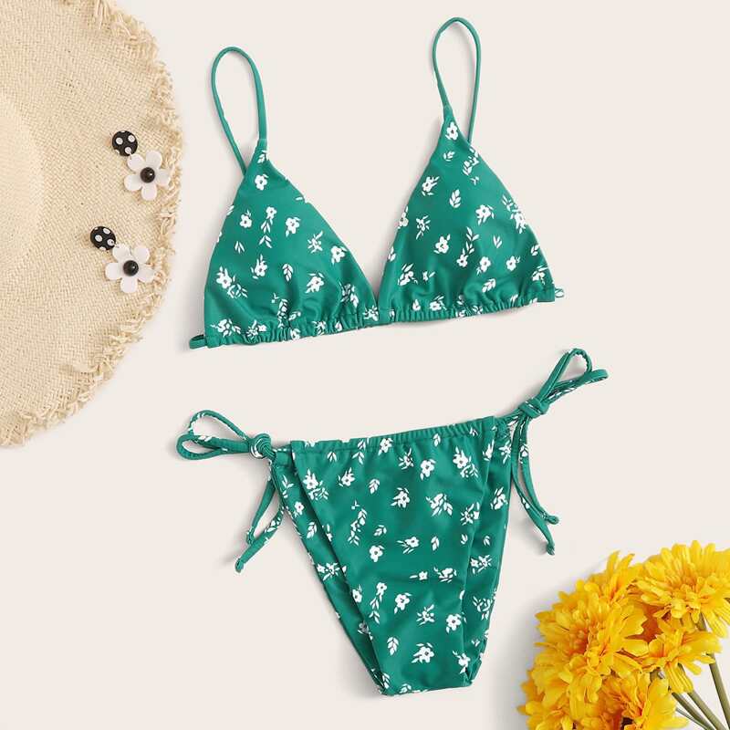 

Floral Triangle Tie Side Bikini Swimsuit, Green