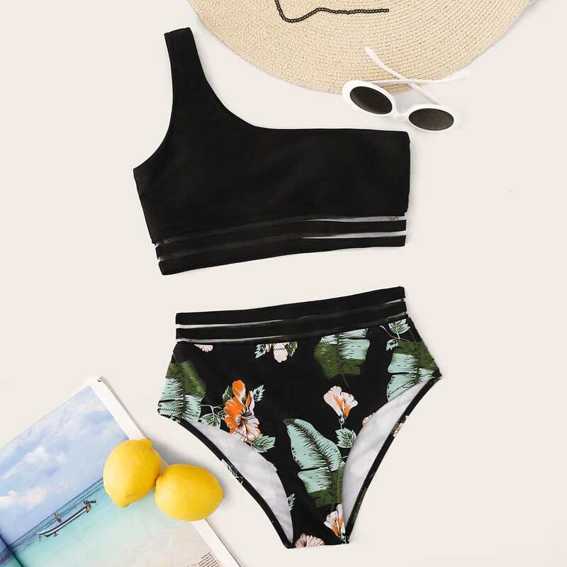 

Tropical One Shoulder High Waisted Bikini Swimsuit, Multicolor