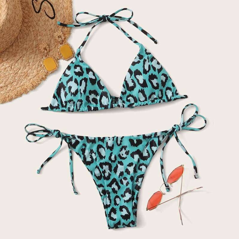 

Leopard Halter Triangle Tie Side Bikini Swimsuit, Green