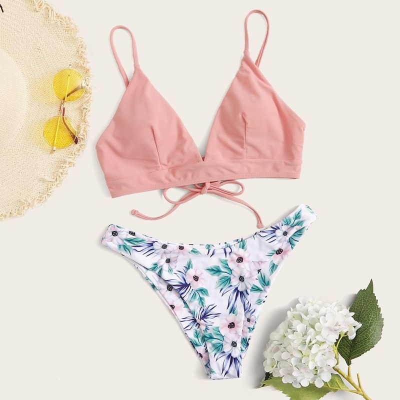 

Floral Tie Back High Cut Bikini Swimsuit, Multicolor