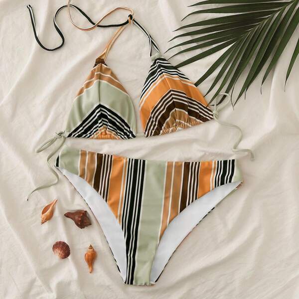 

Striped Halter Triangle Bikini Swimsuit, Multicolor