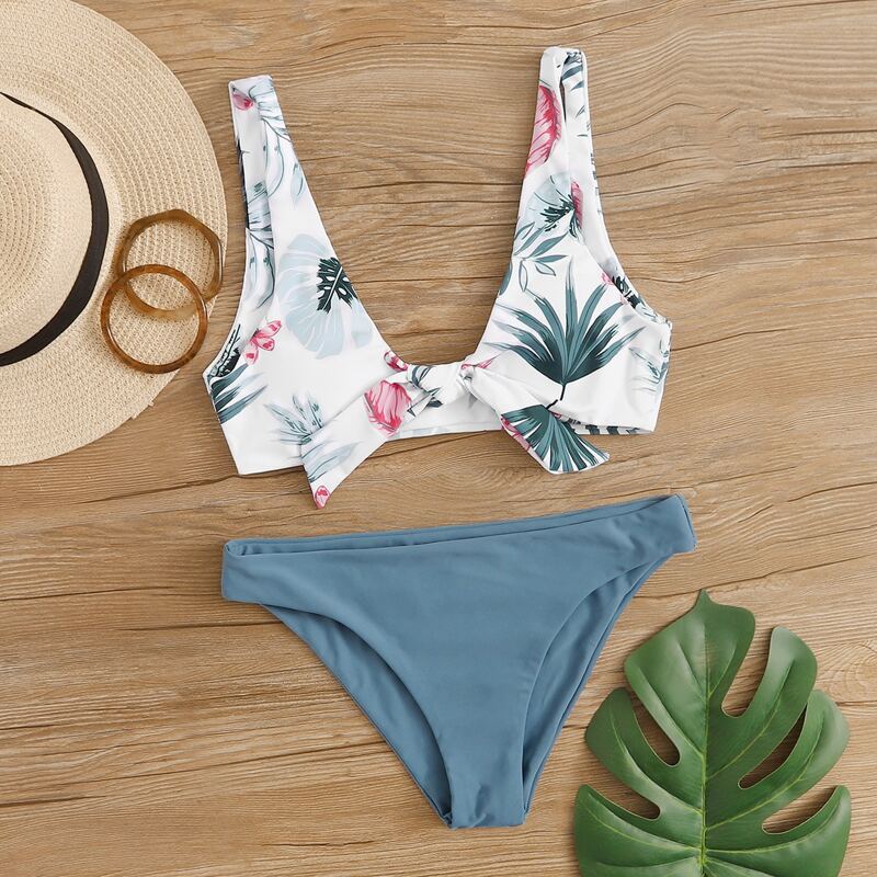 

Tropical Tie Front Bikini Swimsuit, Multicolor