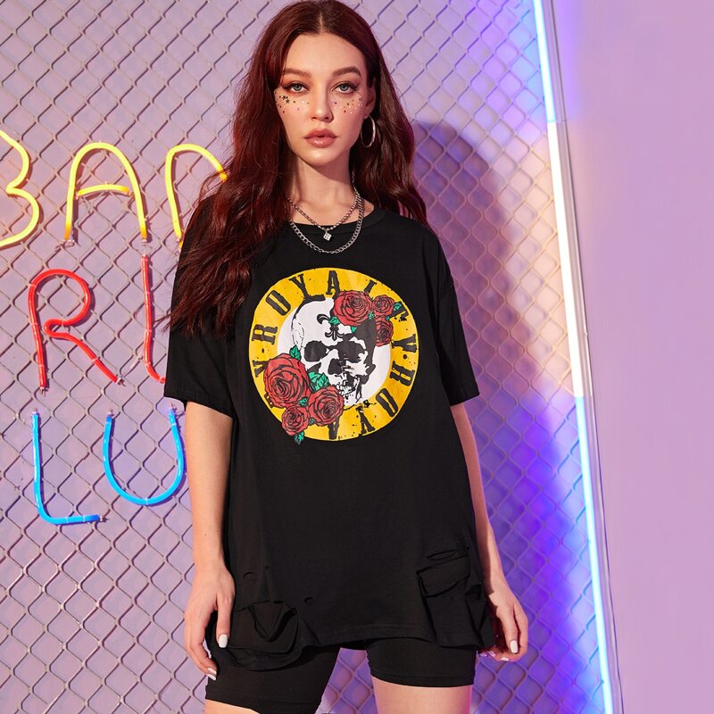 

Halloween Oversized Burn Out Royalty Graphic Tee BLACK