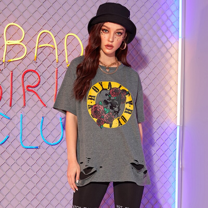 

Skull & Floral Distress Boyfriend Tee, Grey