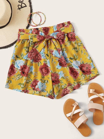 Floral Print Paperbag Waist Belted Shorts