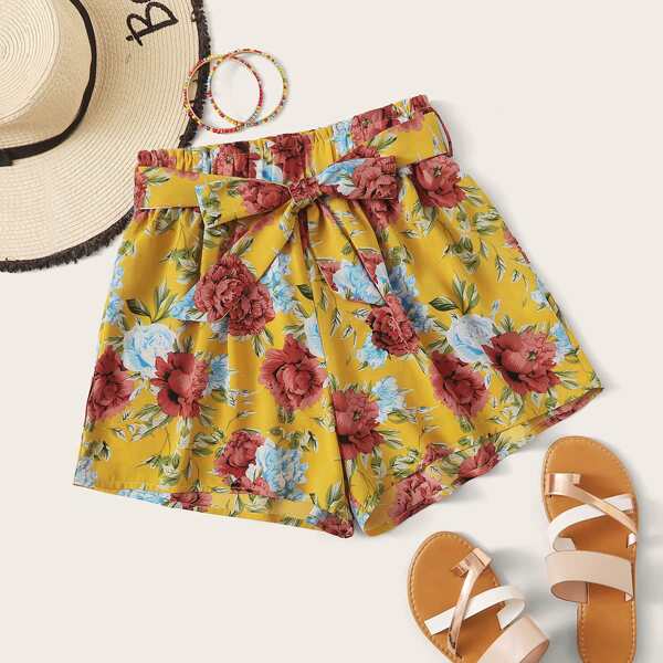 

Floral Print Paperbag Waist Belted Shorts, Multicolor