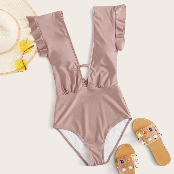 

Ruffle Plunging One Piece Swimsuit, Pink