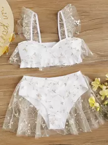 Swim Mod Thêu hoa Lớp phủ lưới Bộ Bikini Xù Hoa Sen Áo & Eo cao Váy quần 2 mảnh Cottagecore Bộ đồ tắm - trắng - Xem 1