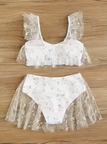 Swim Mod Thêu hoa Lớp phủ lưới Bộ Bikini Xù Hoa Sen Áo & Eo cao Váy quần 2 mảnh Cottagecore Bộ đồ tắm - trắng - Xem 2