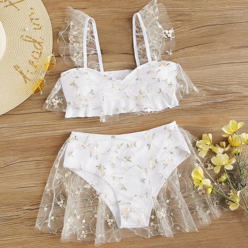 

Floral Embroidered Mesh Bikini Swimsuit, White