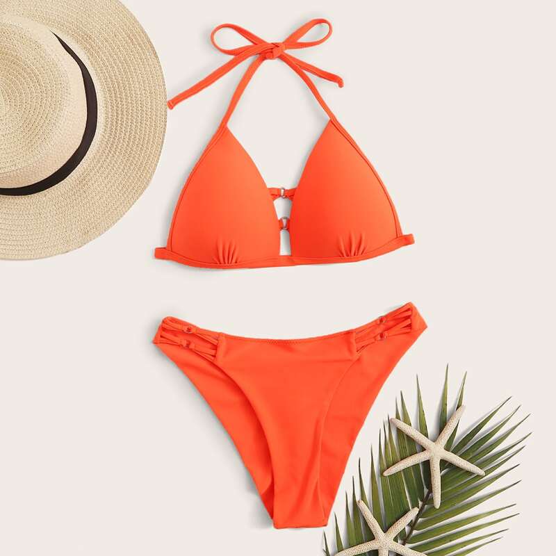 

O-ring Crisscross Push Up Cheeky Bikini Swimsuit, Orange