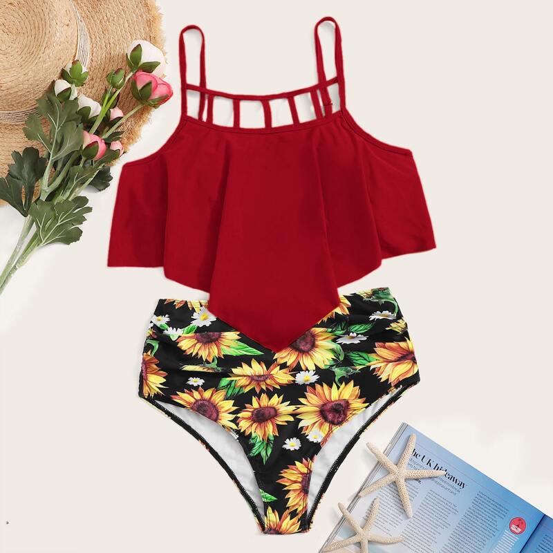 

Sunflower Hanky Hem High Waisted Bikini Swimsuit, Multicolor