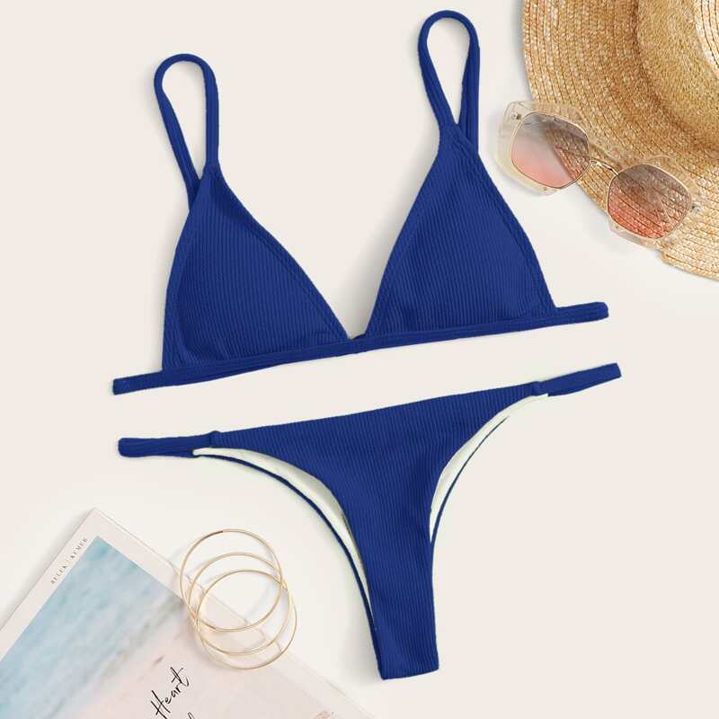 

Rib Triangle Tanga Bikini Swimsuit, Blue