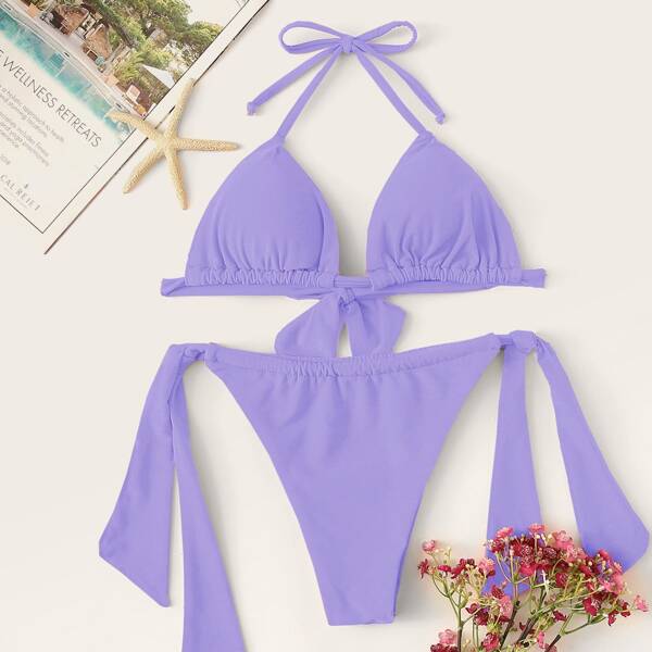 

Halter Triangle Tie Side Bikini Swimsuit, Purple
