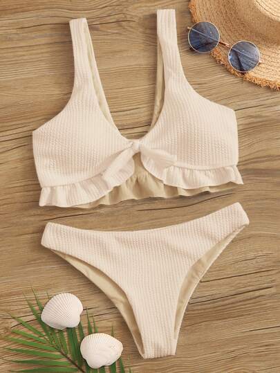 Rib Knit Tie Front Ruffle Bikini Swimsuit