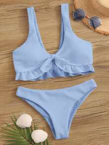 Swim Mod Rib Ruffle Knot Front Bikini Set Summer Beach - Blue - View 1