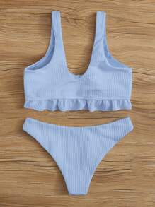 Swim Mod Rib Ruffle Knot Front Bikini Set Summer Beach - Blue - View 2
