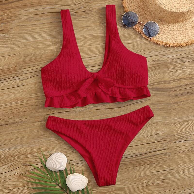 

Rib Ruffle Knot Front Bikini Swimsuit, Red