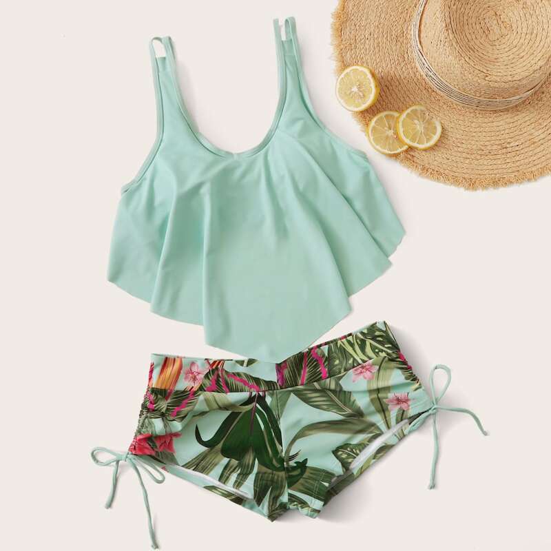 

Tropical Hanky Hem Drawstring Side Bikini Swimsuit, Multicolor