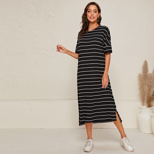 

Drop Shoulder Split Side Striped Dress, Black