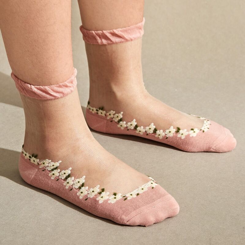 

1pair Floral Pattern Mesh Panel Socks, Pink