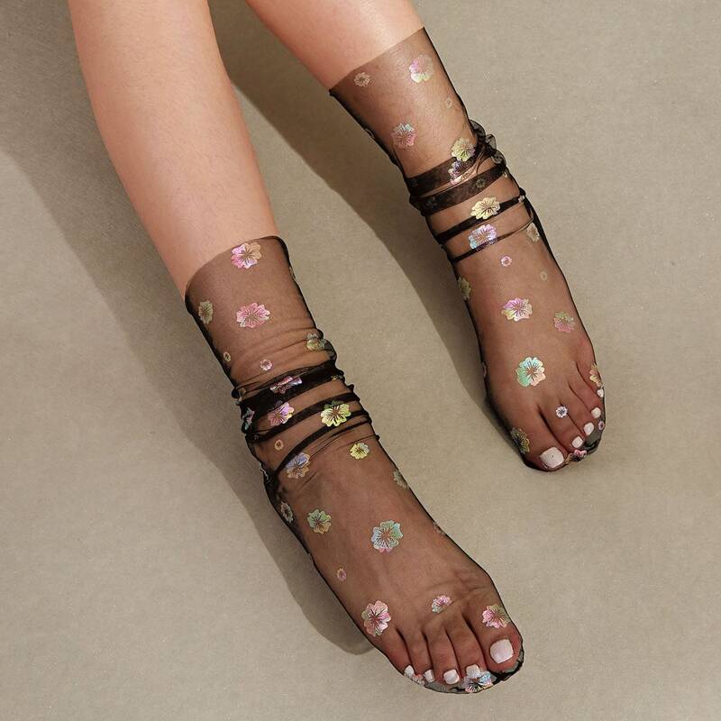 

1pair Colorful Floral Pattern Mesh Socks, Black