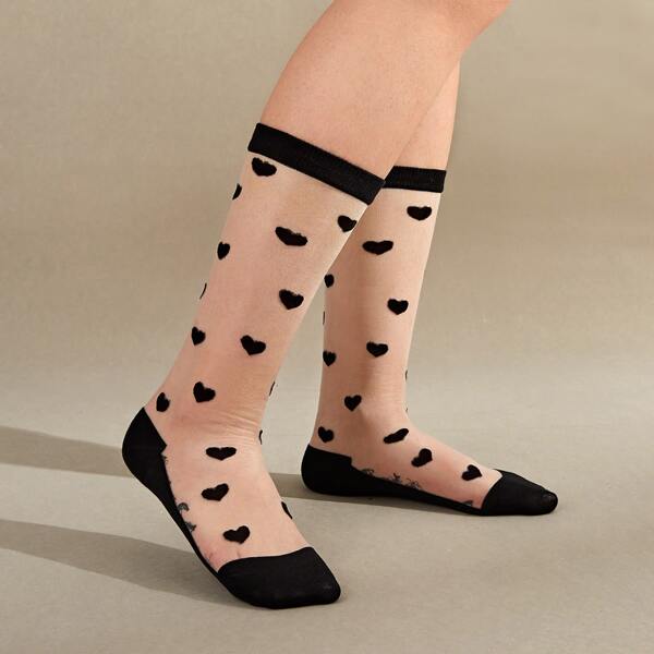 

1pair Heart Pattern Mesh Socks, Black
