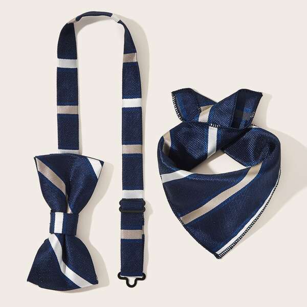 

2pcs Men Striped Pattern Pocket Square & Bow Tie, Navy