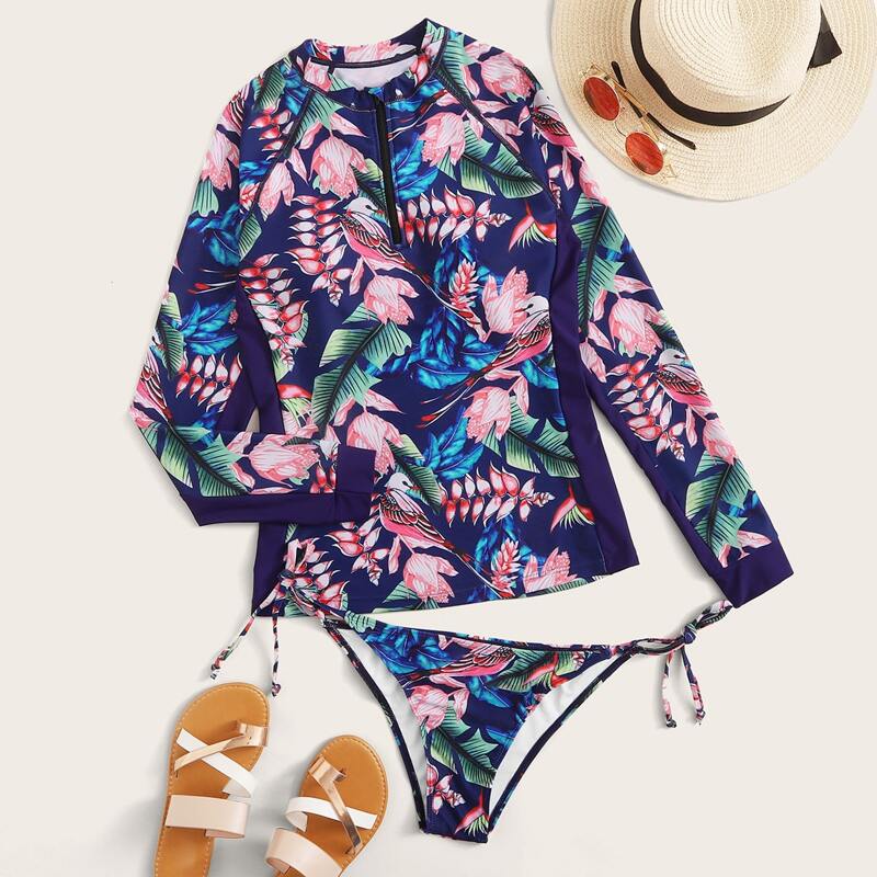

Palm Print Long Sleeve Top With Tie Side Tankini, Multicolor