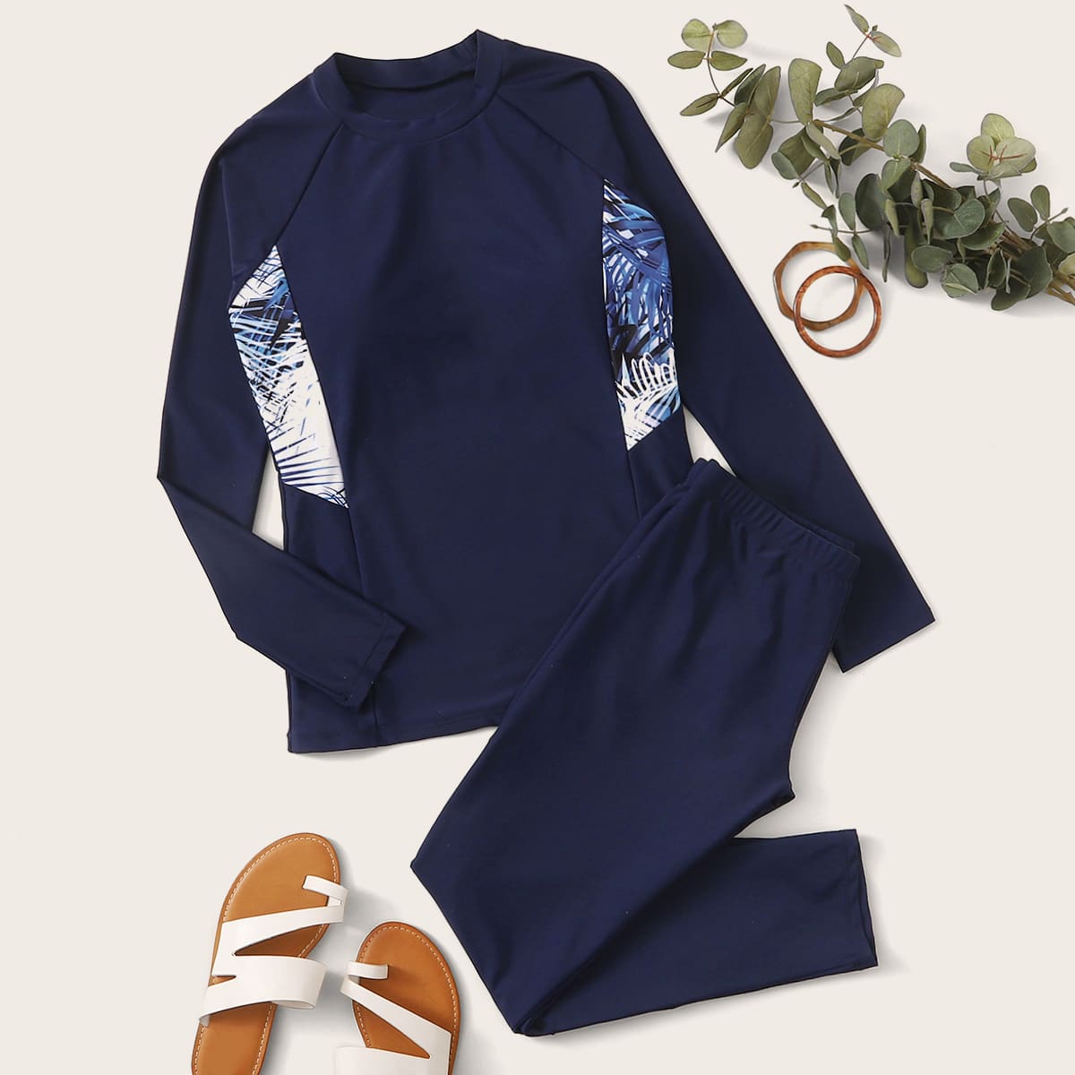 

Palm Print Long Sleeve Modest Swimwear, Navy