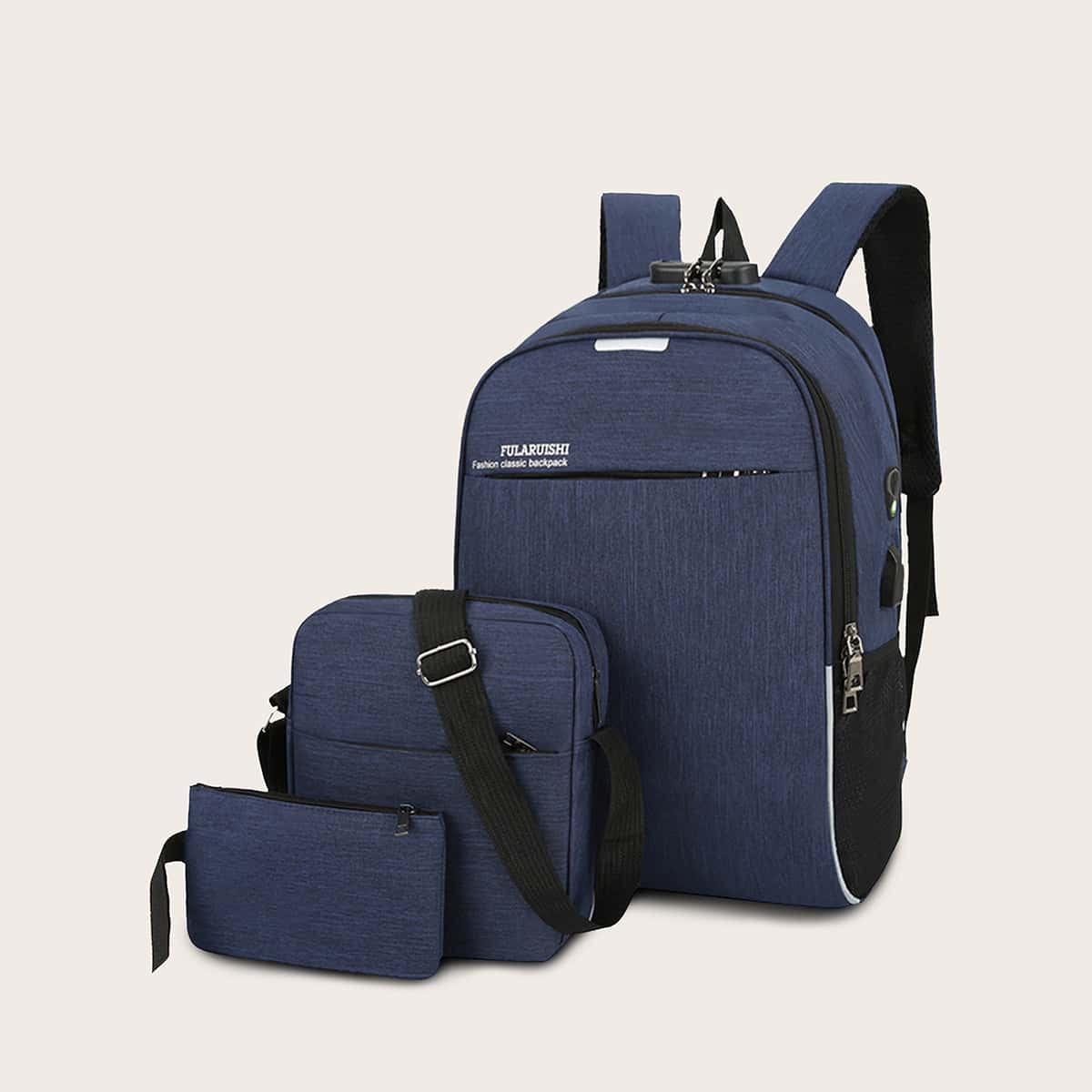 

3pcs Guys Large Capacity Backpack With Crossbody Bag, Blue