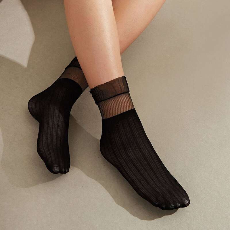 

1pair Striped Pattern Mesh Socks, Black