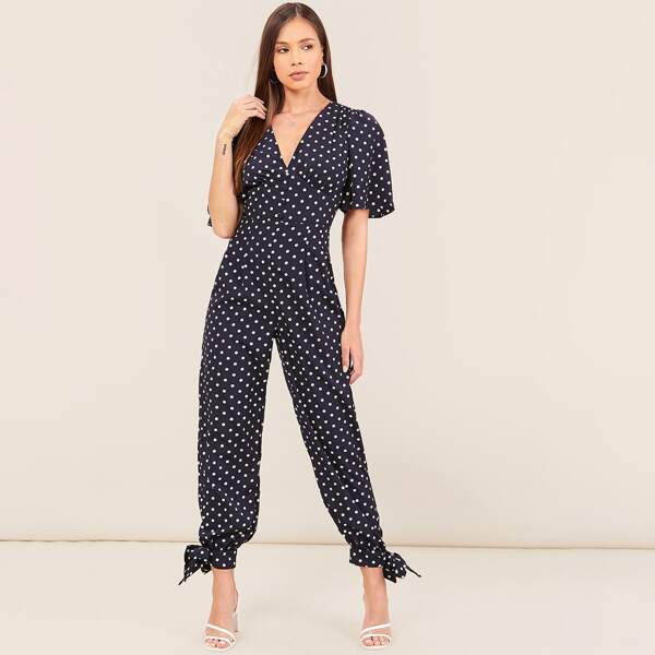 

Button Front Flutter Sleeve Knot Hem Polka Dot Jumpsuit, Navy blue