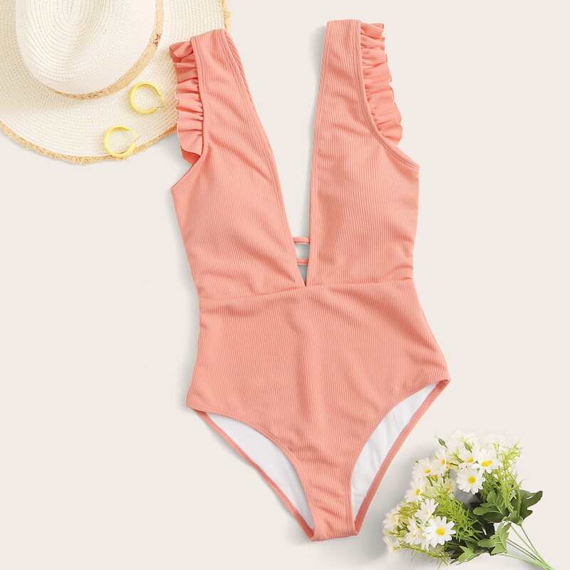

Ruffle Trim One Piece Swimsuit, Coral pink
