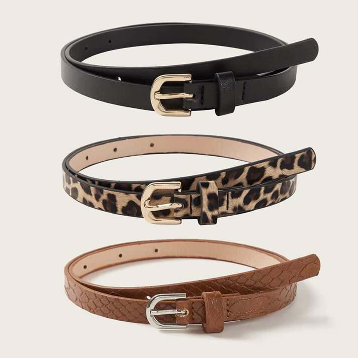 

Plus 3pcs Leopard Print Croc Embossed Belt, Multicolor