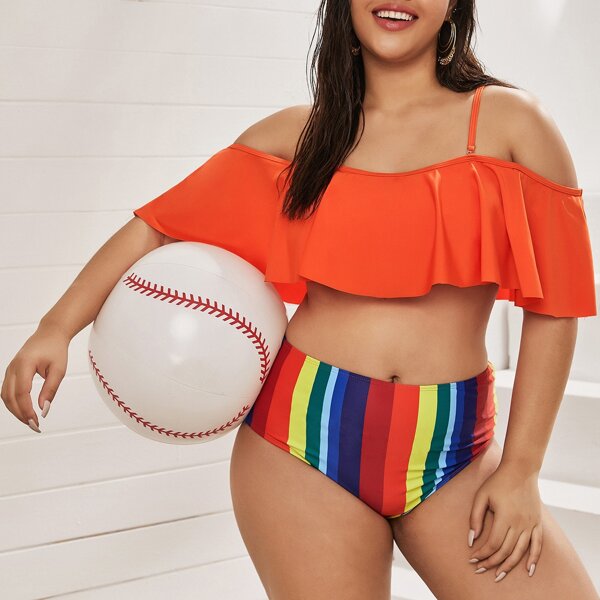 

Plus Rainbow Striped Flounce Bikini Swimsuit, Multicolor