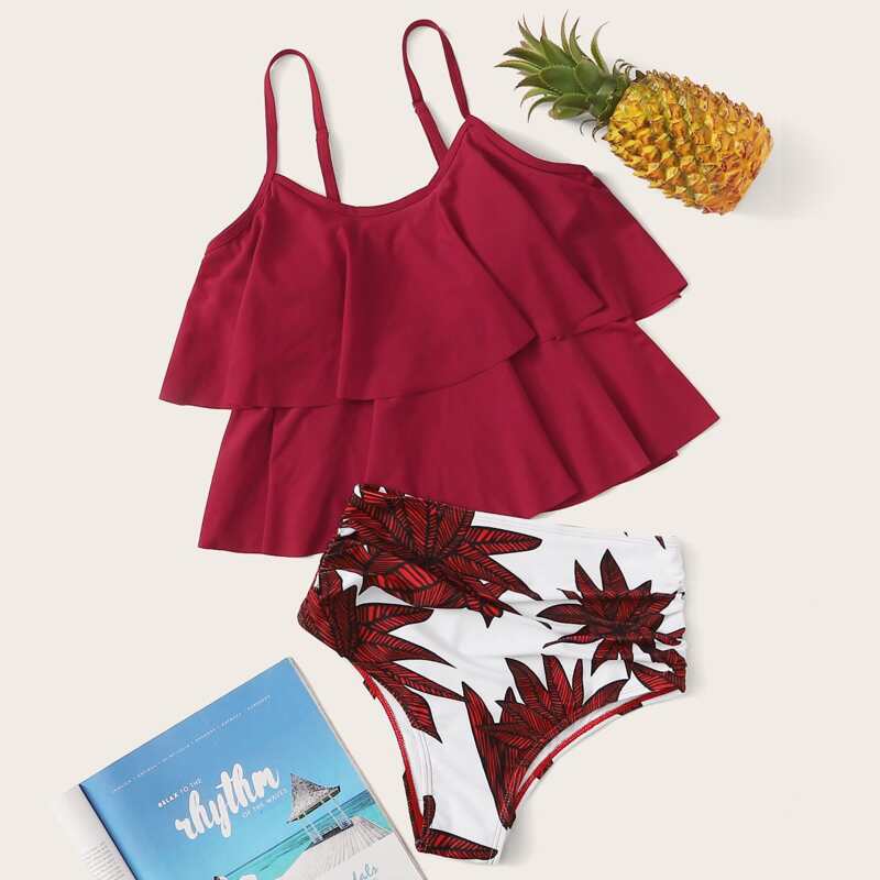 

Floral Tiered Layer High Waisted Bikini Swimsuit, Red