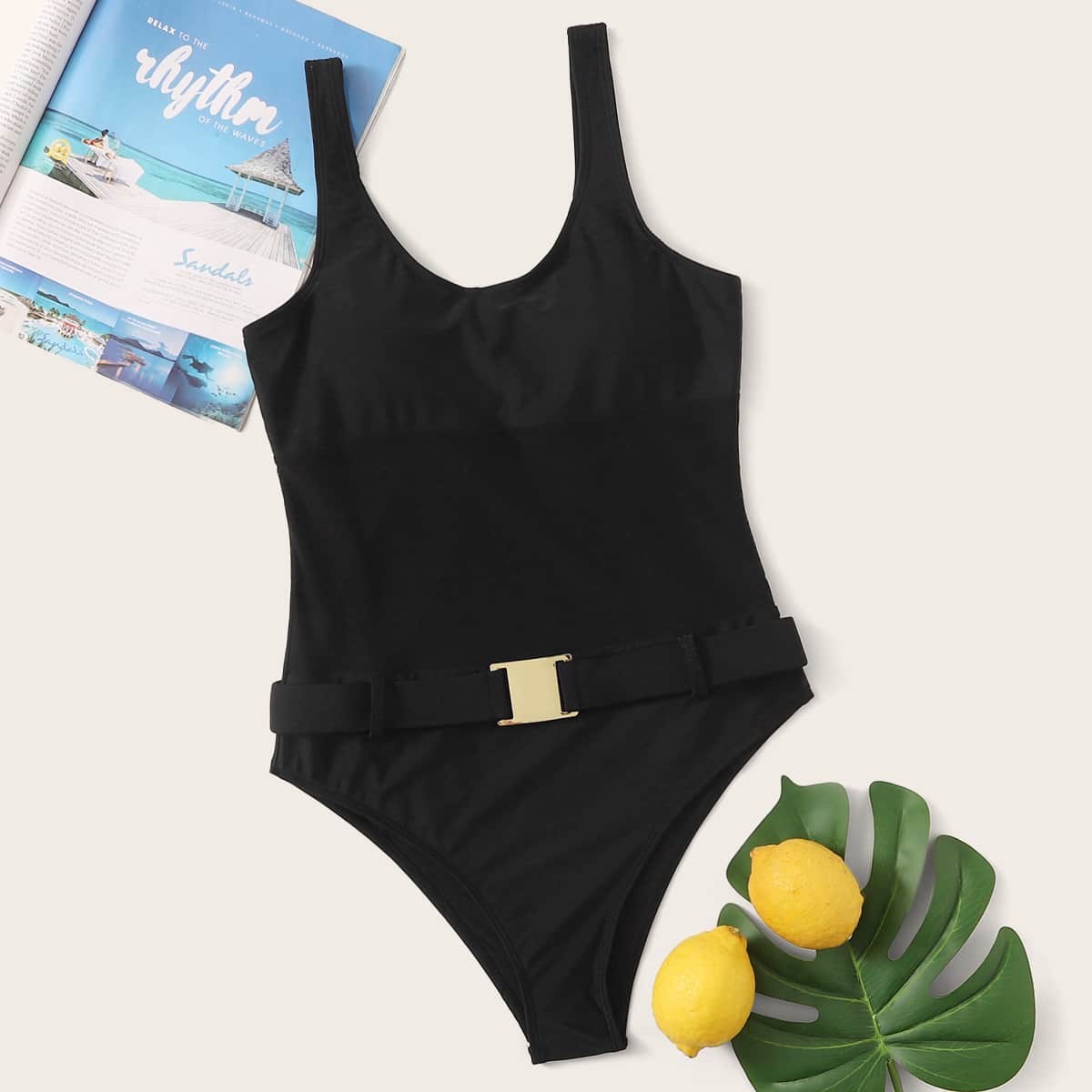 

Contrast Mesh Belted One Piece Swimsuit, Black