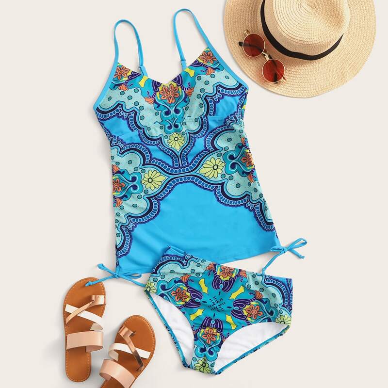 

Tribal Random Print Tie Side Bikini Swimsuit, Blue