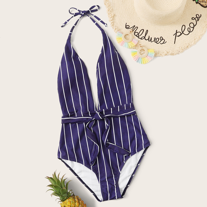 

Striped Knot Front One Piece Swimsuit, Purple